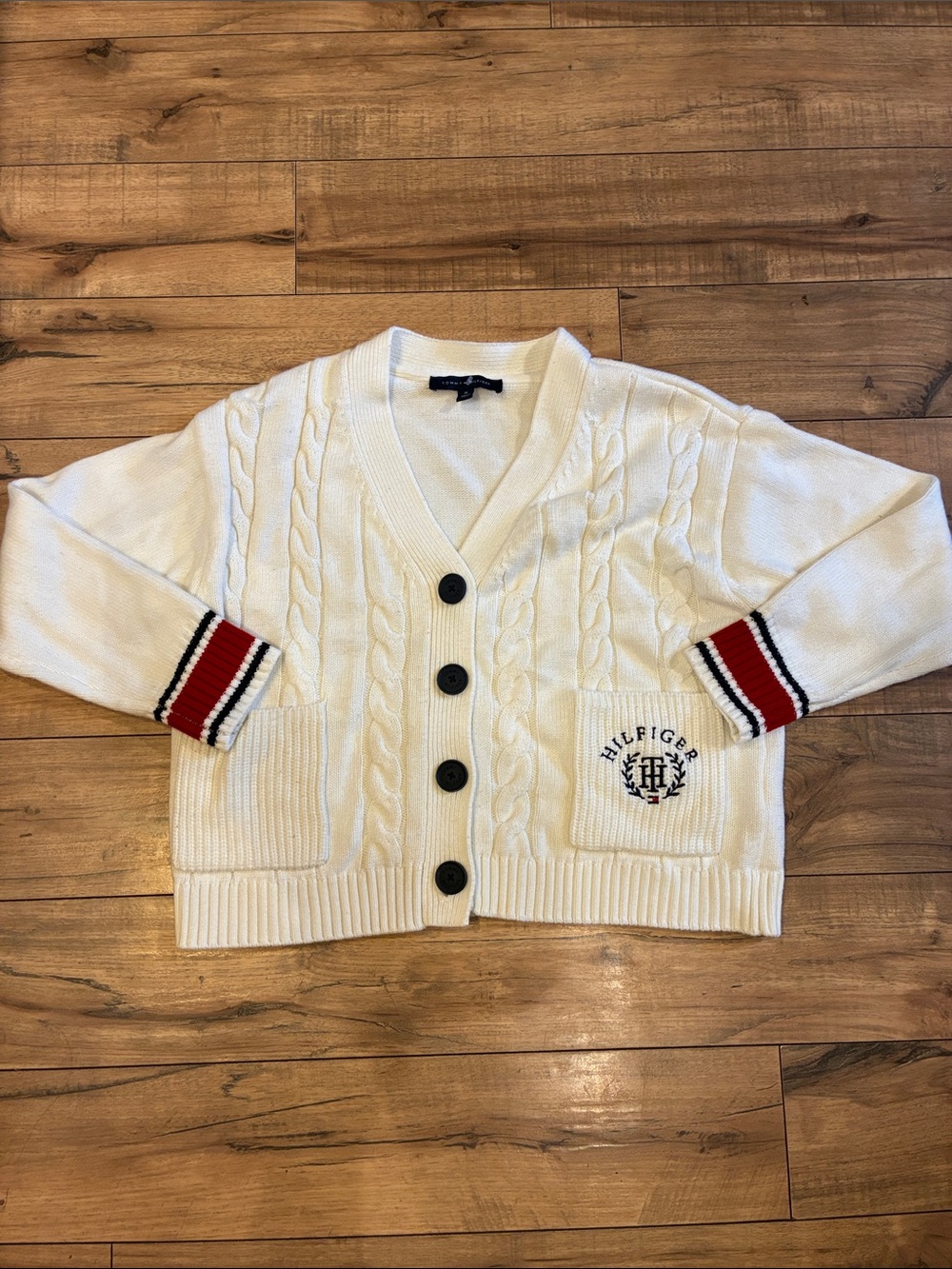 Tommy Hilfiger White Cable-Knit Cardigan with Red & Navy Trim
